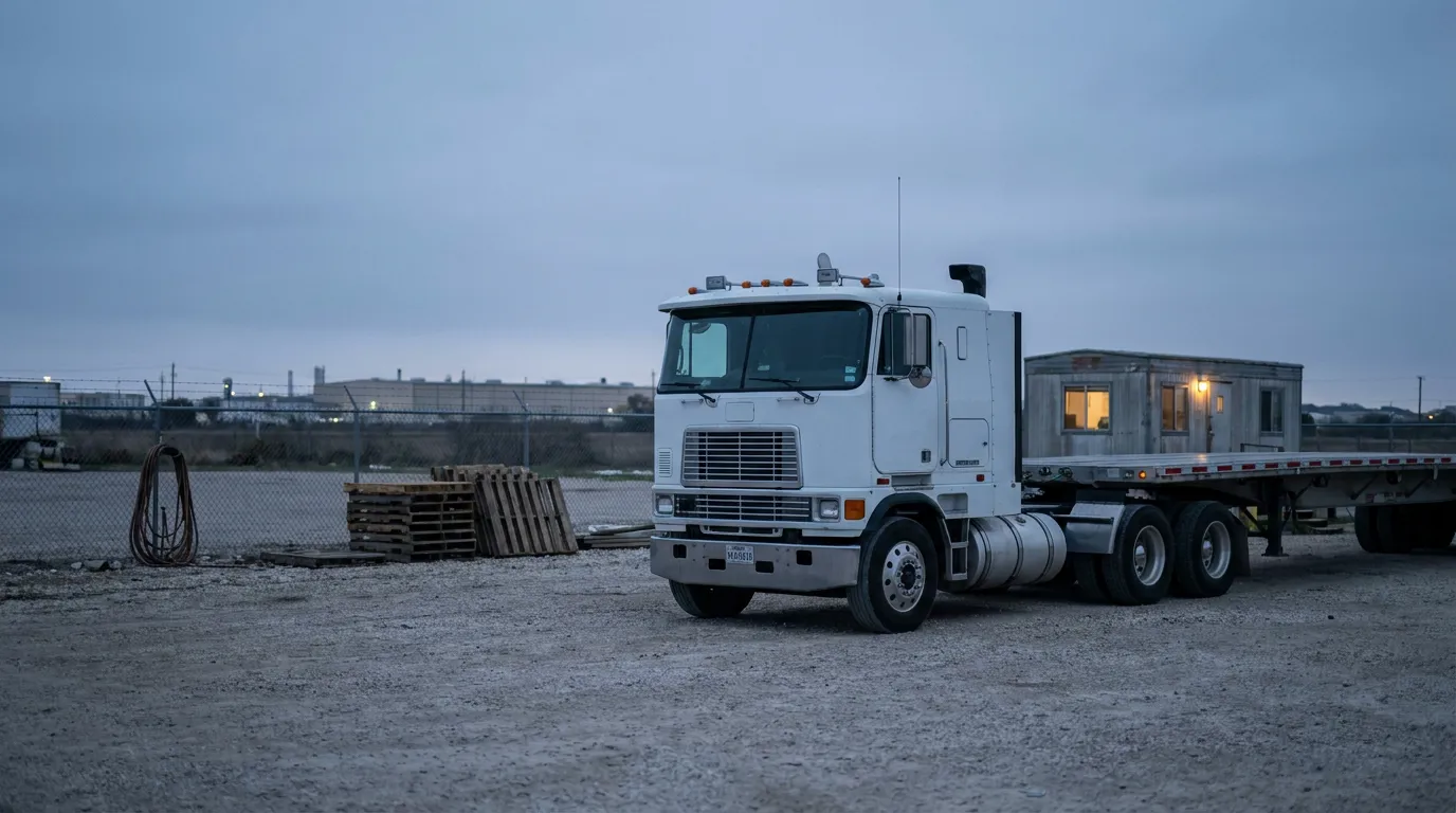semi-truck cab with flatbed trailer parked on gravel lot near industrial facility
