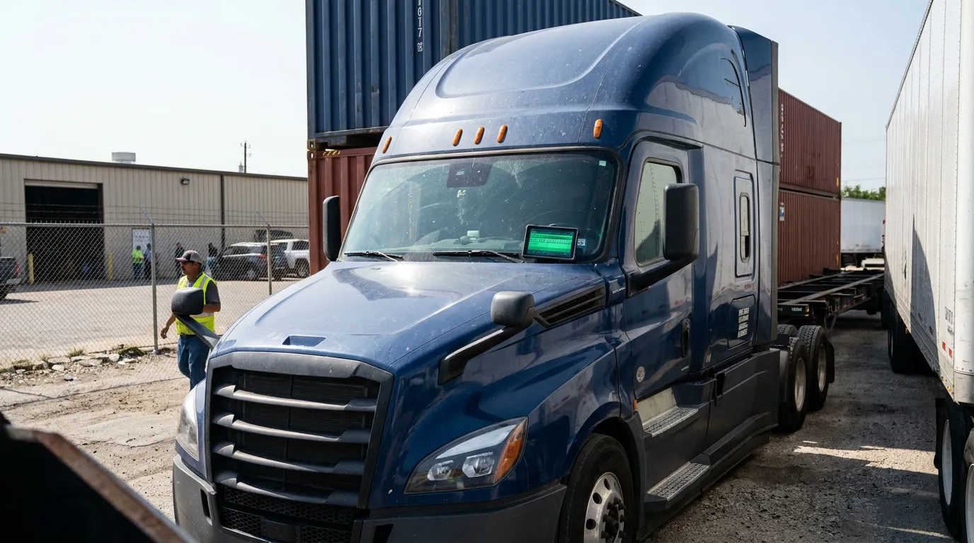 semi-truck cab parked at commercial freight yard with worker in safety vest nearby