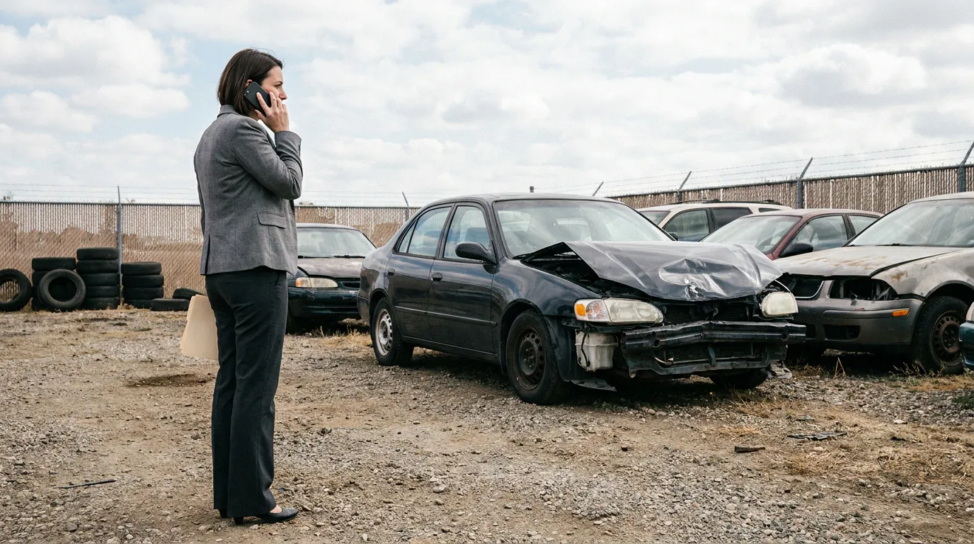 professional woman on phone holding folder beside severely damaged wrecked vehicle