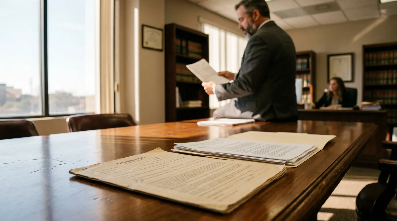 attorney reviewing legal documents in law office with law books and colleague