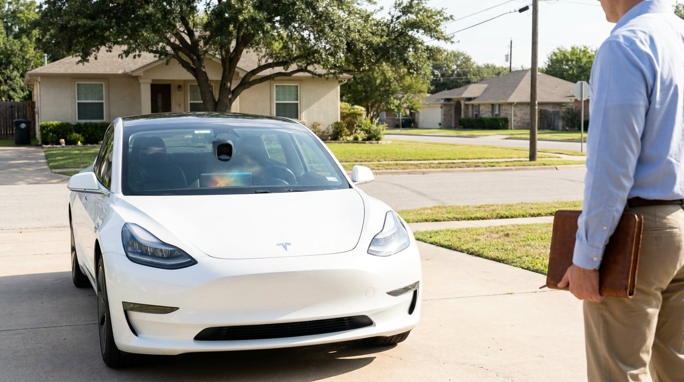 man holding folder observing Tesla Model 3 parked in residential driveway