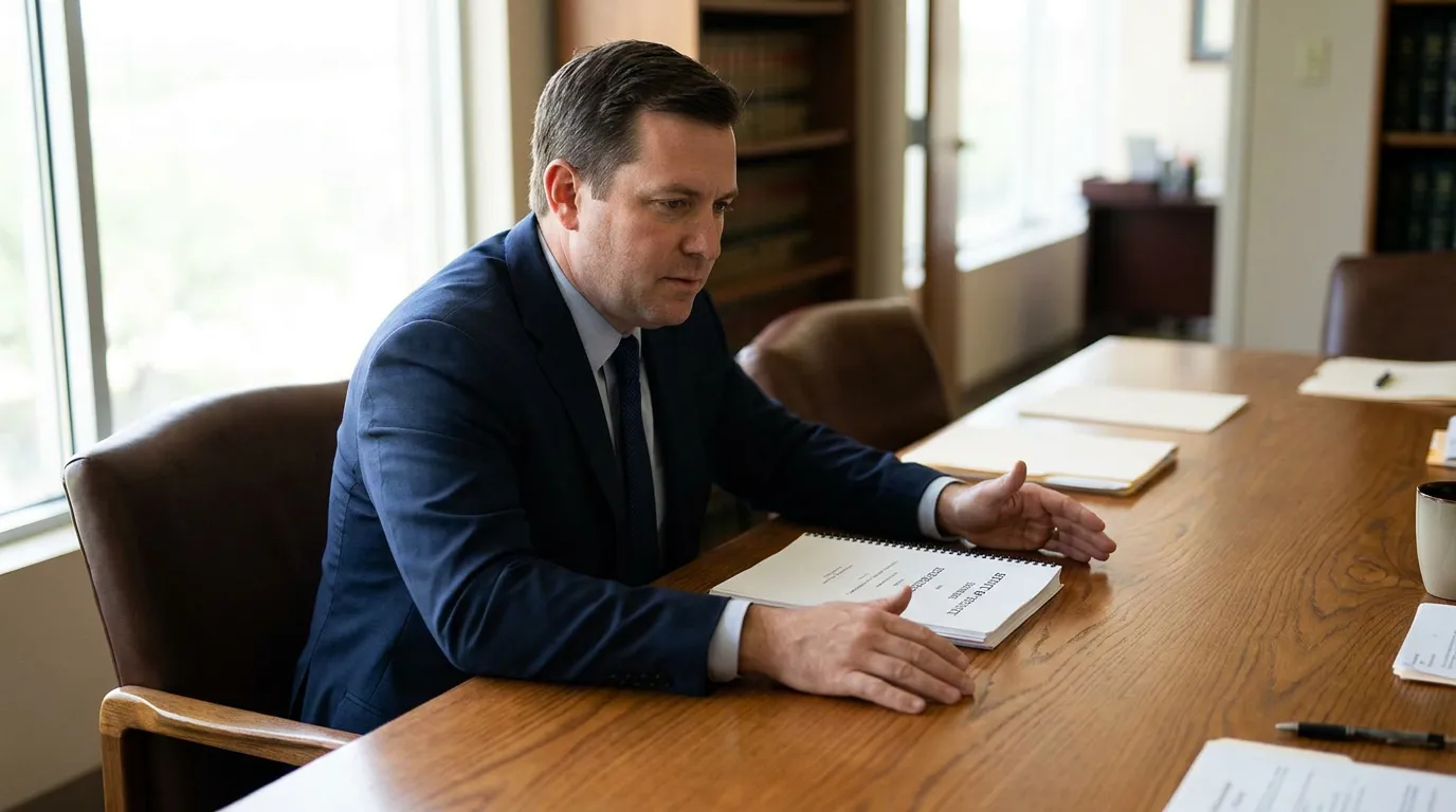 suited attorney seated at conference table with spiral-bound legal document