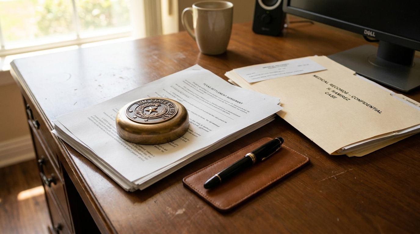 Texas district court seal on legal documents beside confidential medical records folder