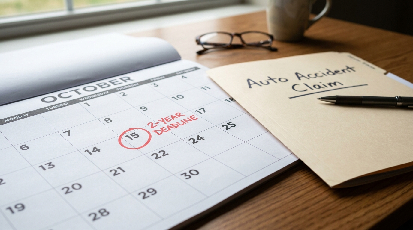 October calendar highlighting 2-year deadline beside Auto Accident Claim folder and pen