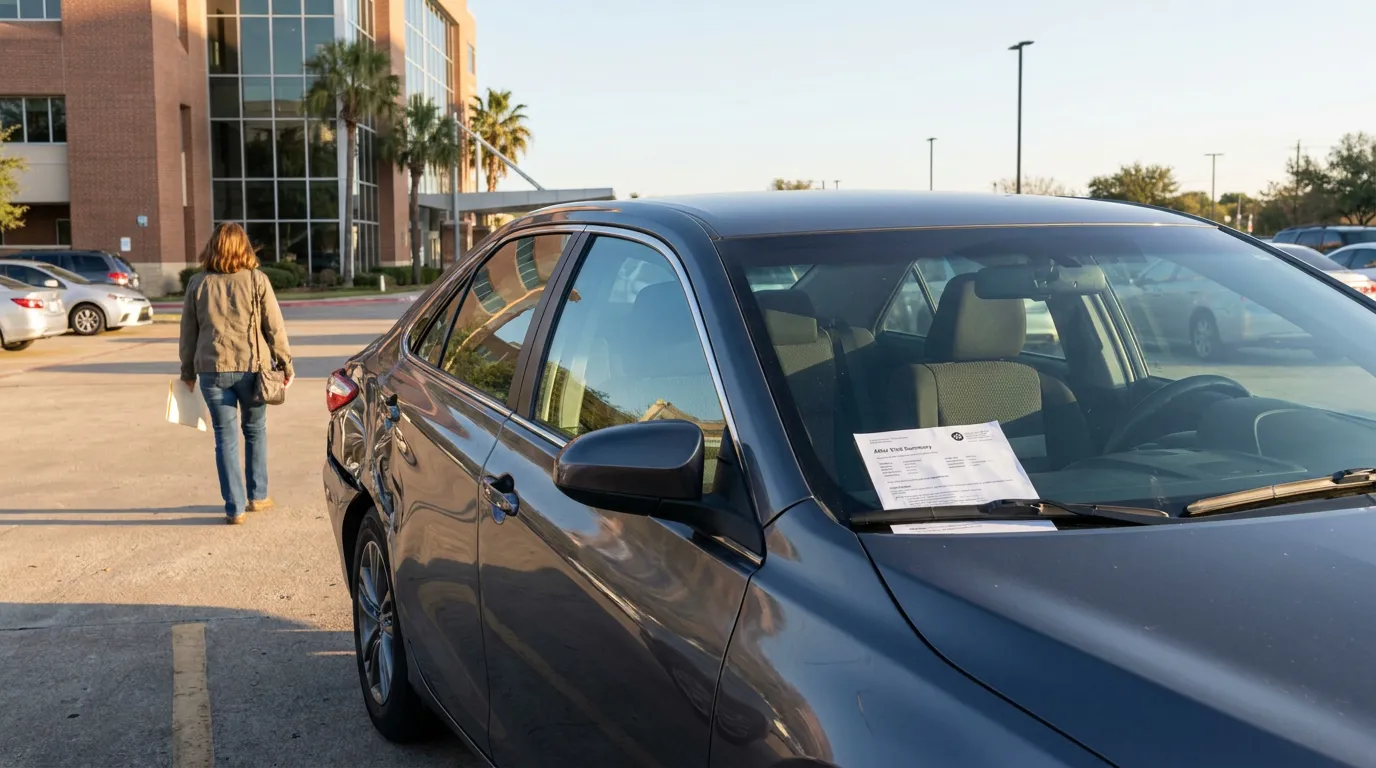 After Visit Summary document on car dashboard outside medical office building