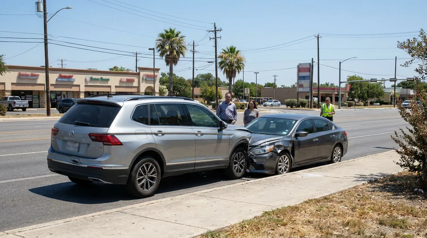 SUV and sedan collision on urban road with bystanders and safety worker