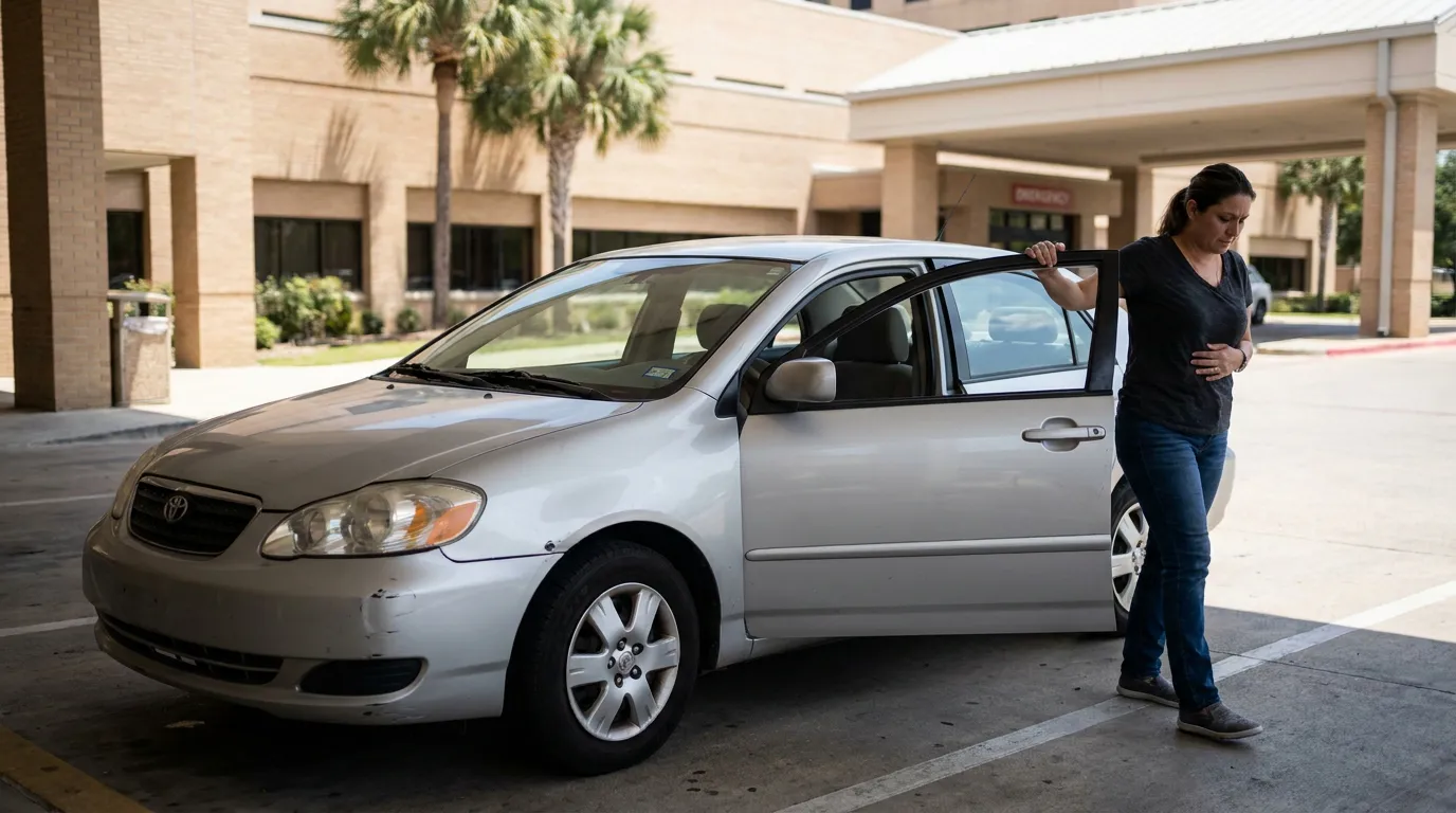 woman holding car door open outside hospital emergency entrance while clutching abdomen