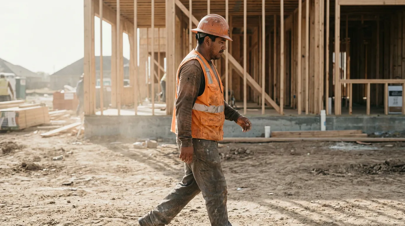 construction worker in hard hat and safety vest walking across active job site