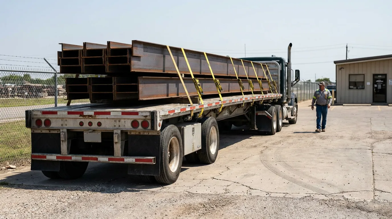 flatbed semi-truck loaded with steel I-beams secured by straps at industrial facility