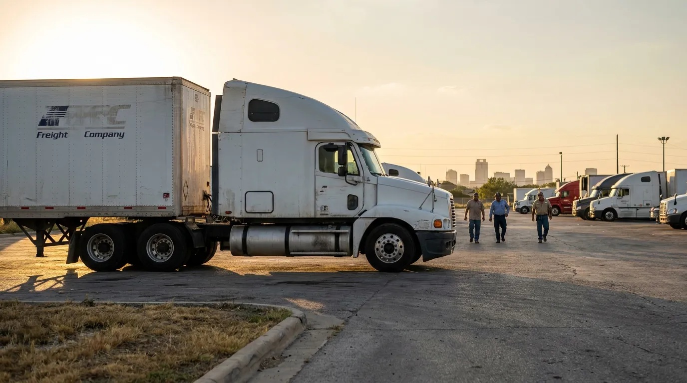 three workers walking through commercial truck yard beside freight company semi-trucks