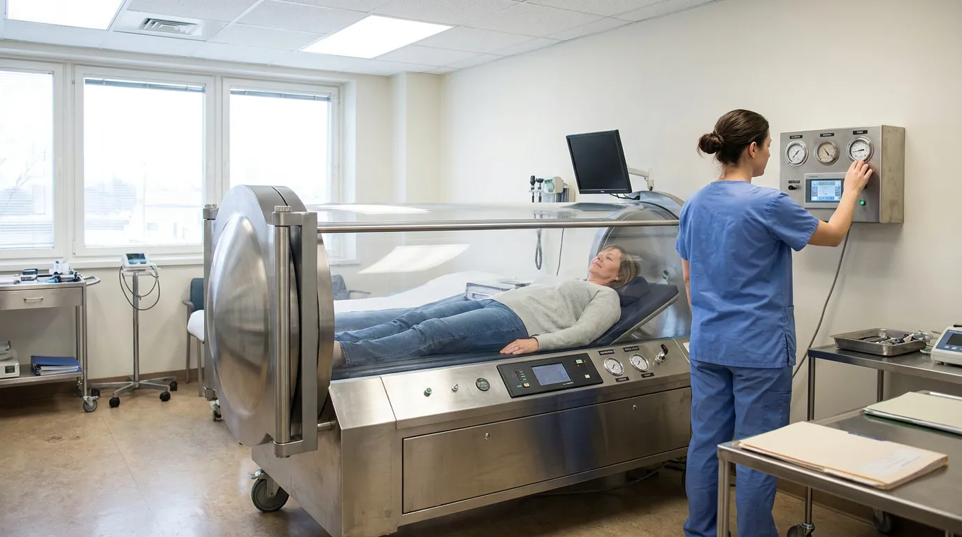 patient lying inside hyperbaric oxygen chamber while medical technician operates wall controls