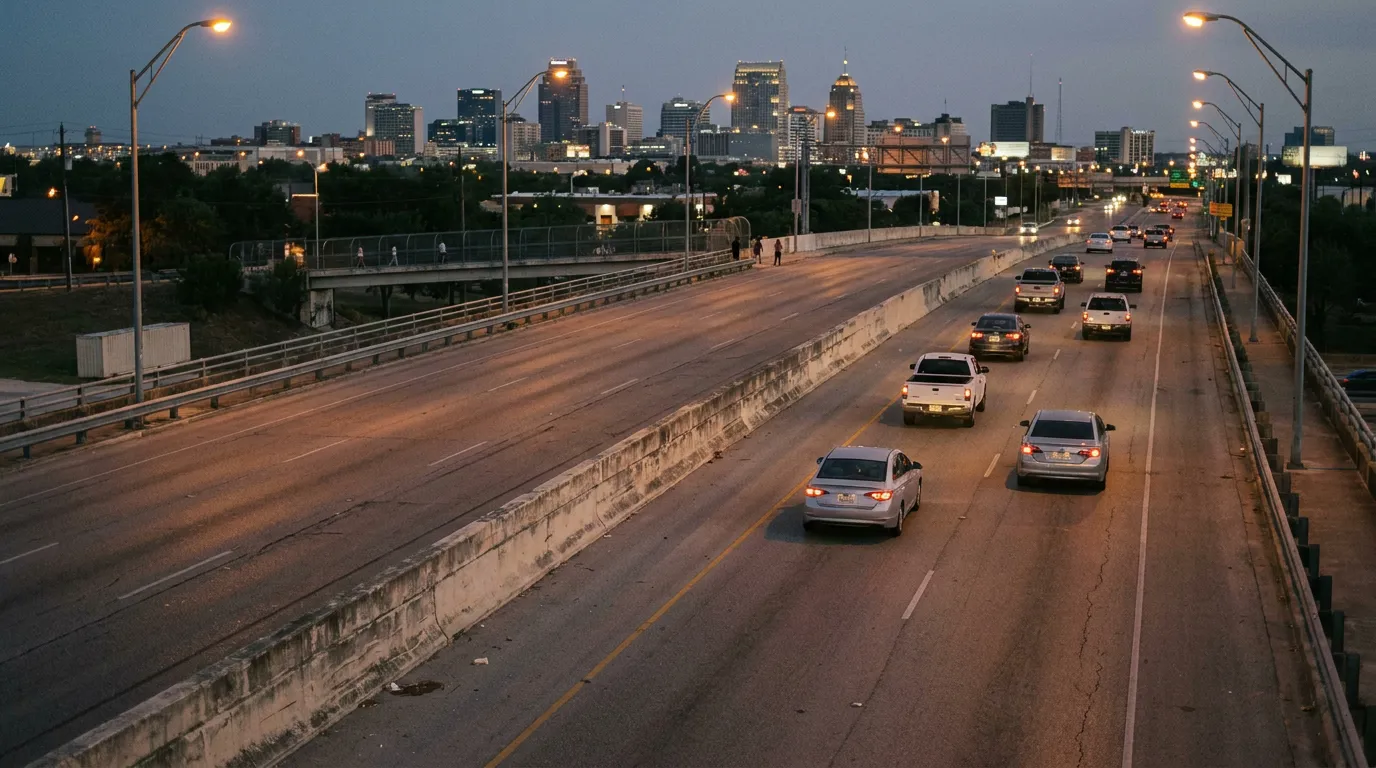 multi-lane urban highway with vehicles traveling toward city skyline at dusk