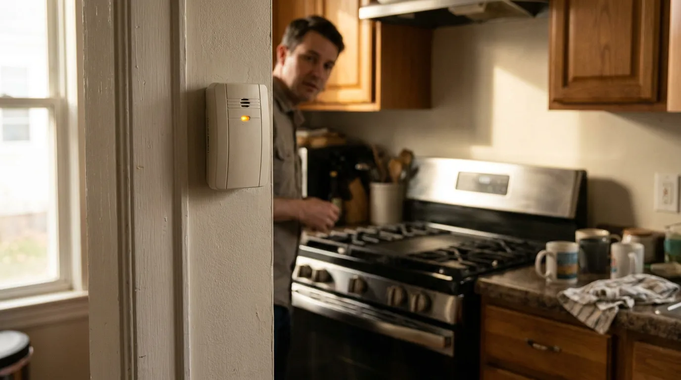 wall-mounted carbon monoxide detector with indicator light near kitchen gas stove and man
