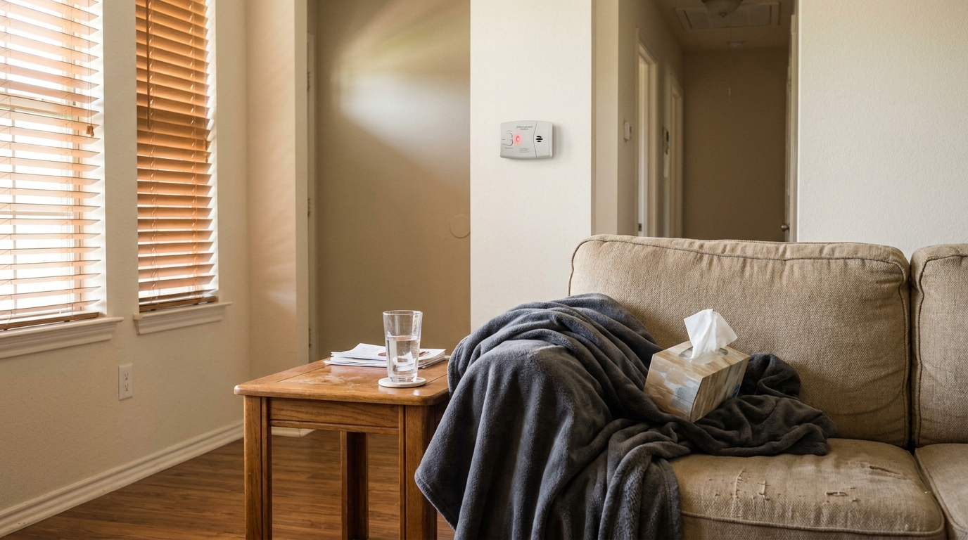 residential living room with carbon monoxide detector, tissue box, and blanket on sofa