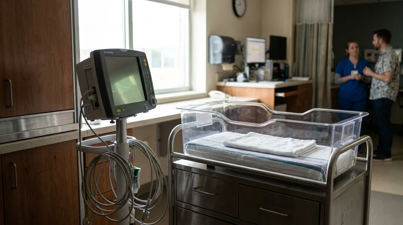 hospital newborn bassinet beside cardiac monitor with medical staff in background