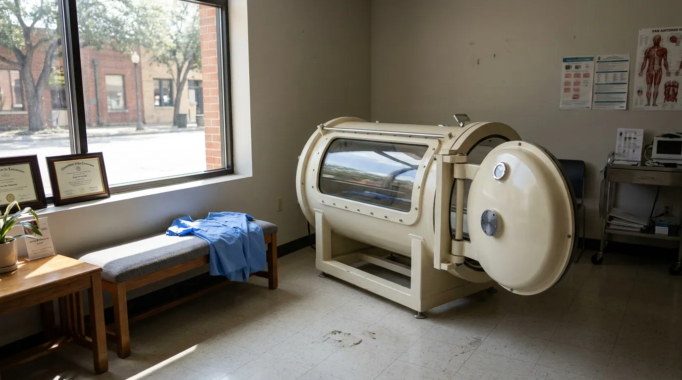 hyperbaric oxygen chamber with open door in medical treatment room with framed certificates