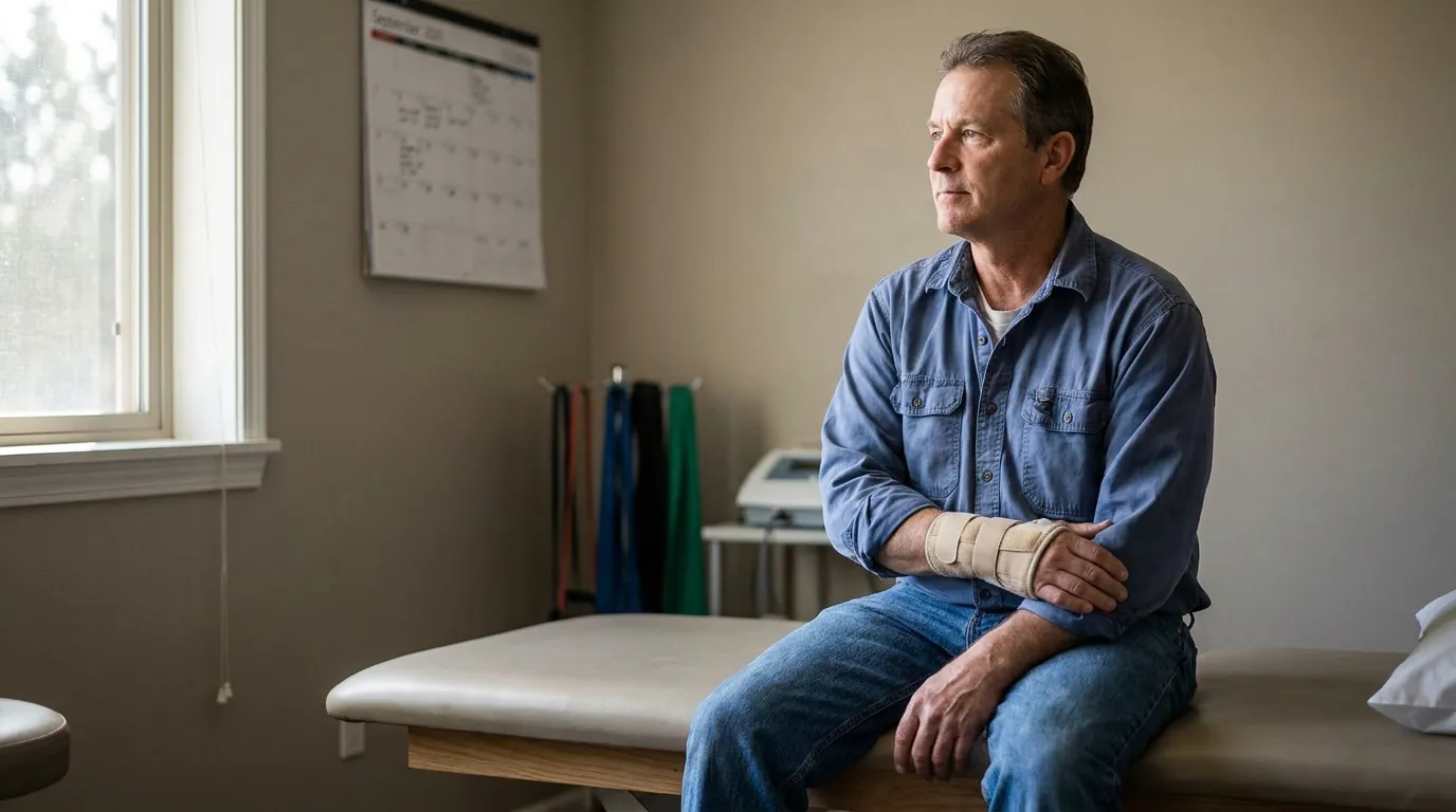 man wearing wrist brace seated on medical exam table in clinic