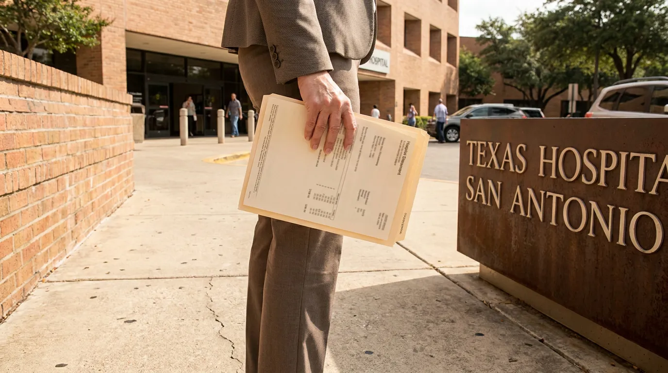 suited person holding hospital documents outside Texas Hospital San Antonio sign