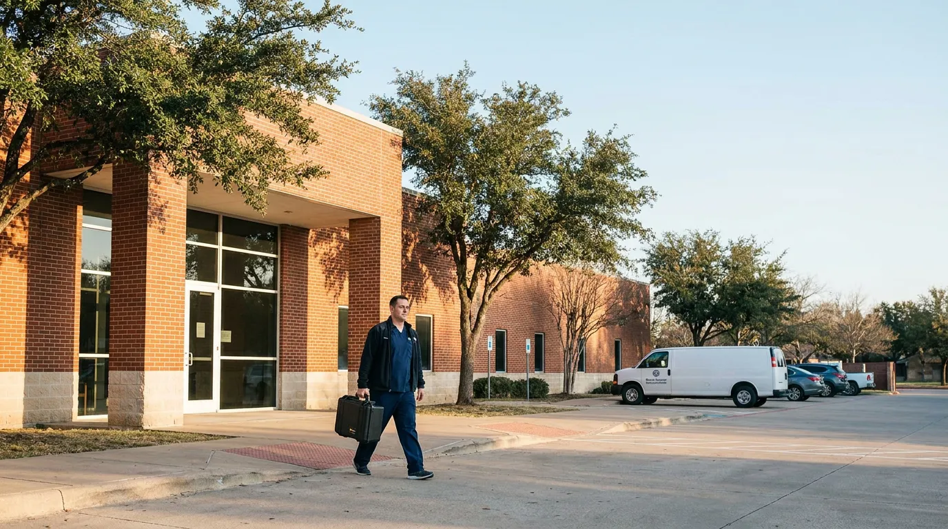 man in scrubs carrying hard case walking outside brick medical building
