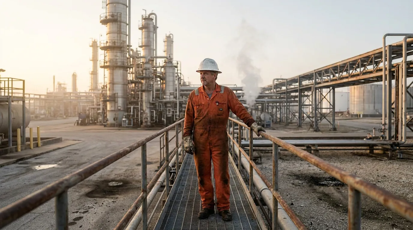 industrial worker in coveralls and hard hat standing on refinery walkway