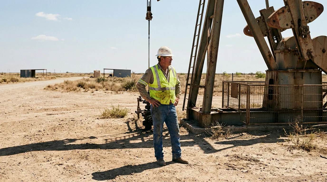 oil field worker in hard hat and safety vest standing beside pump jack
