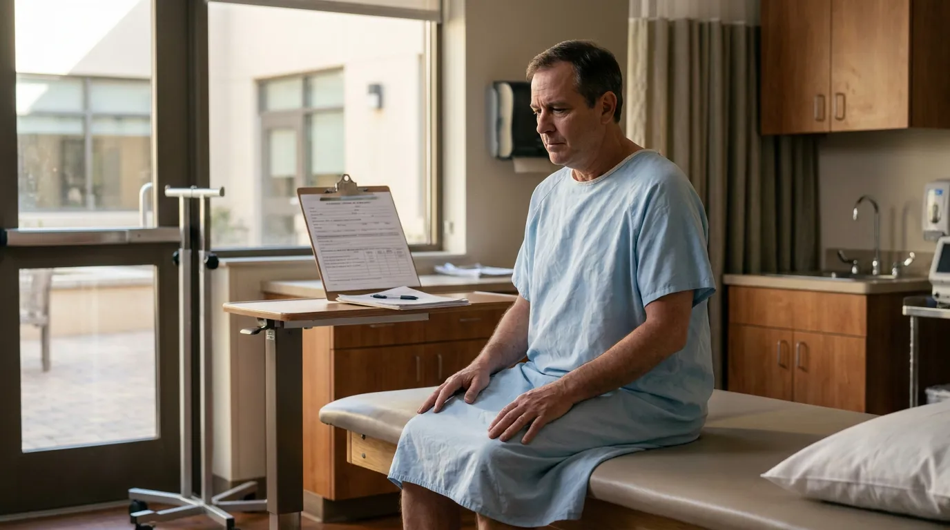 patient in hospital gown sitting on exam table with medical clipboard nearby