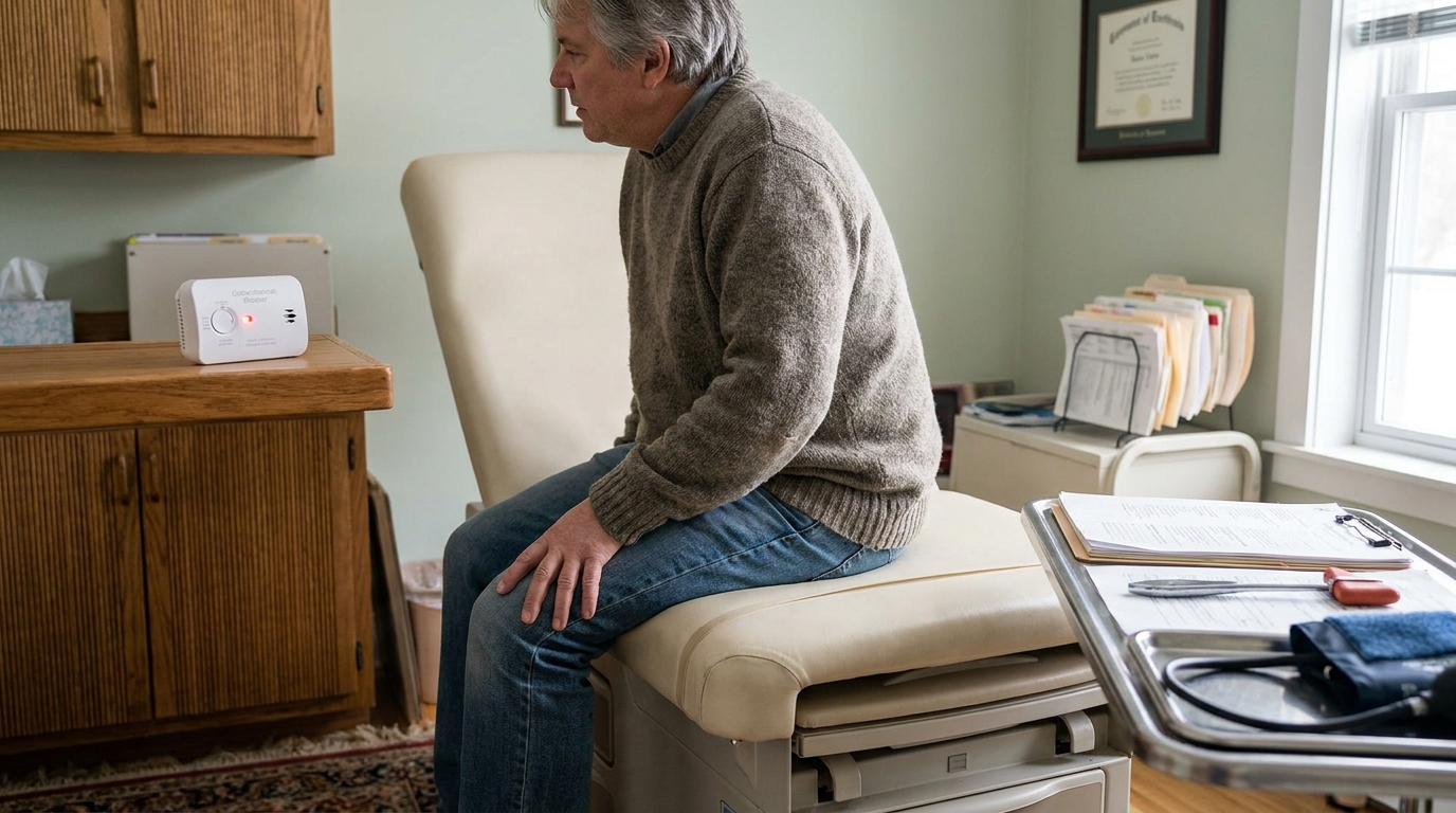 middle-aged man seated on medical exam table beside carbon monoxide detector