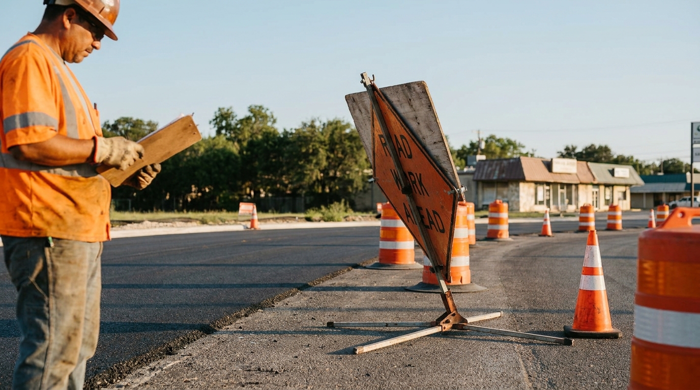 construction worker with clipboard beside Road Work Ahead sign and traffic cones