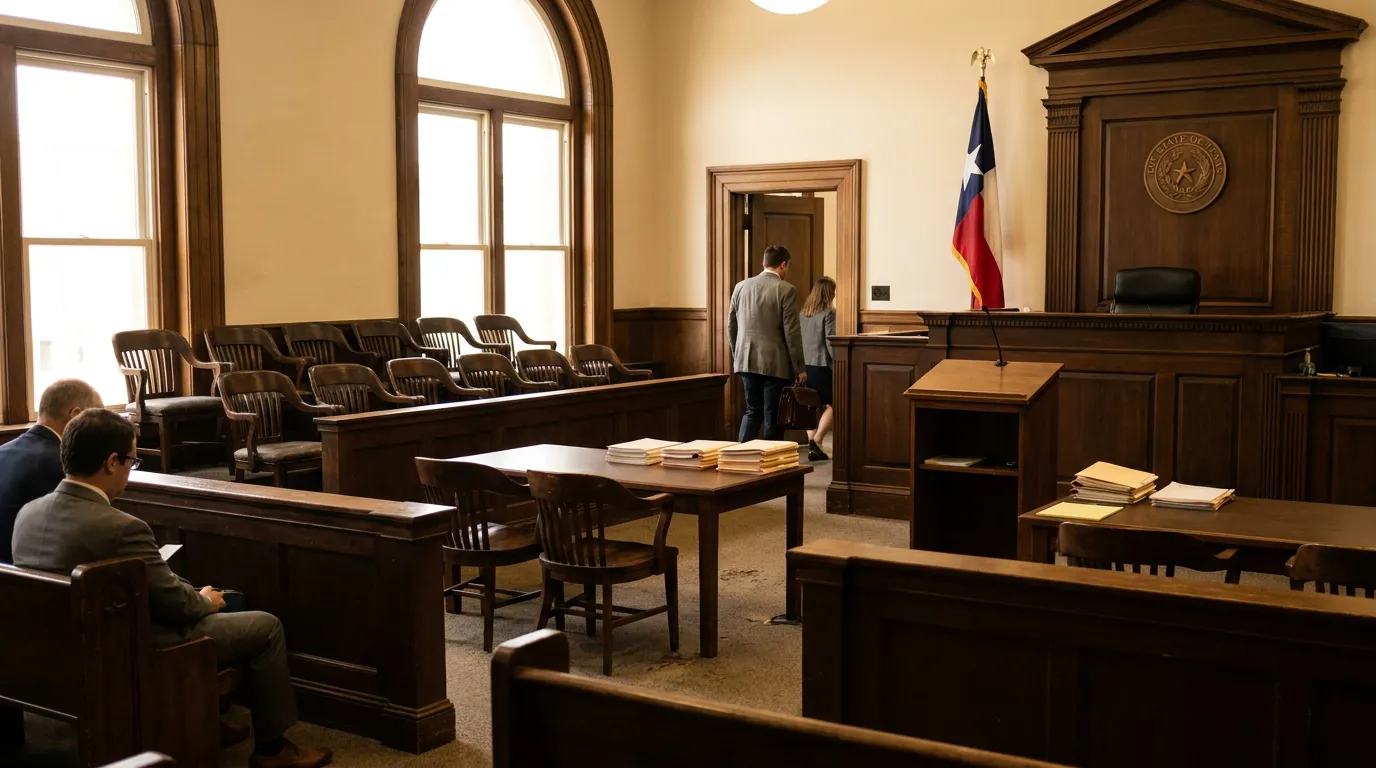 Texas courtroom interior with legal documents, jury box, and attorneys near bench