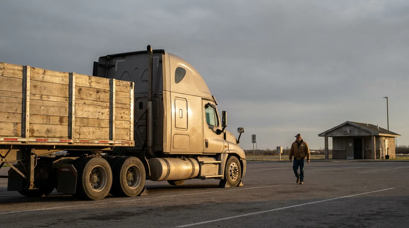 truck driver walking beside parked semi-truck with flatbed trailer at rest stop
