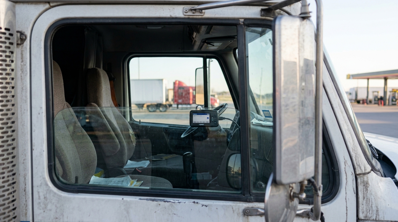 commercial truck cab interior with GPS device mounted on steering column
