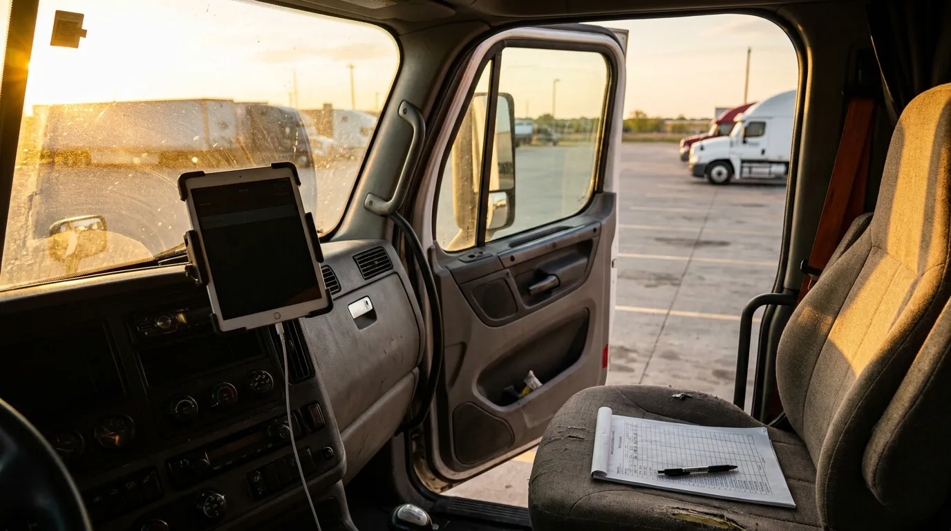 commercial truck cab interior with mounted tablet, logbook, and pen on seat