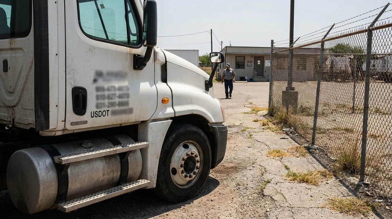 USDOT-labeled semi-truck cab parked at commercial trucking yard with driver approaching