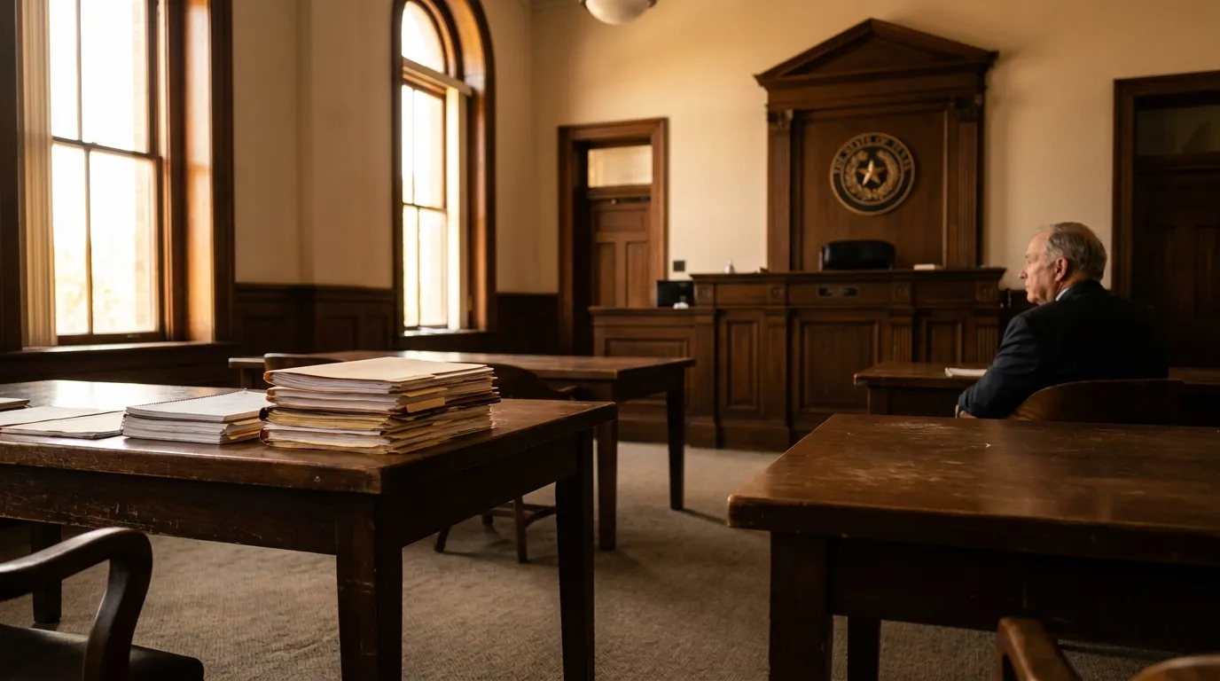 attorney seated in Texas courtroom with stacked legal documents on counsel table