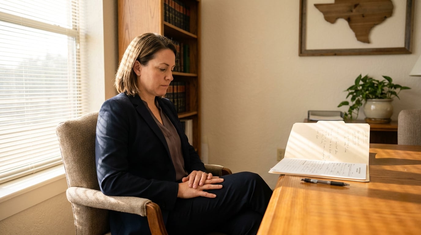 female attorney seated at desk reviewing open case file with handwritten notes
