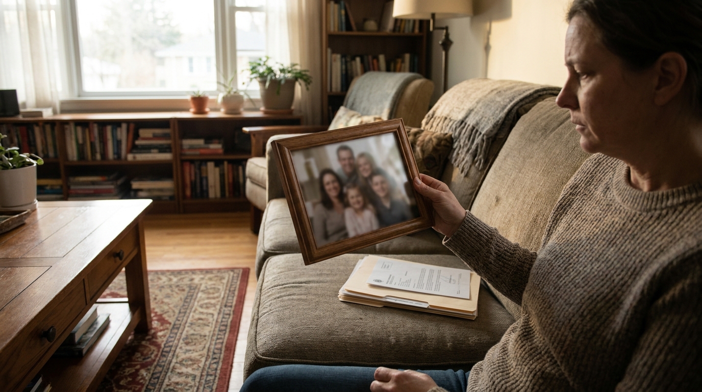 person holding framed family portrait with legal documents on lap in living room