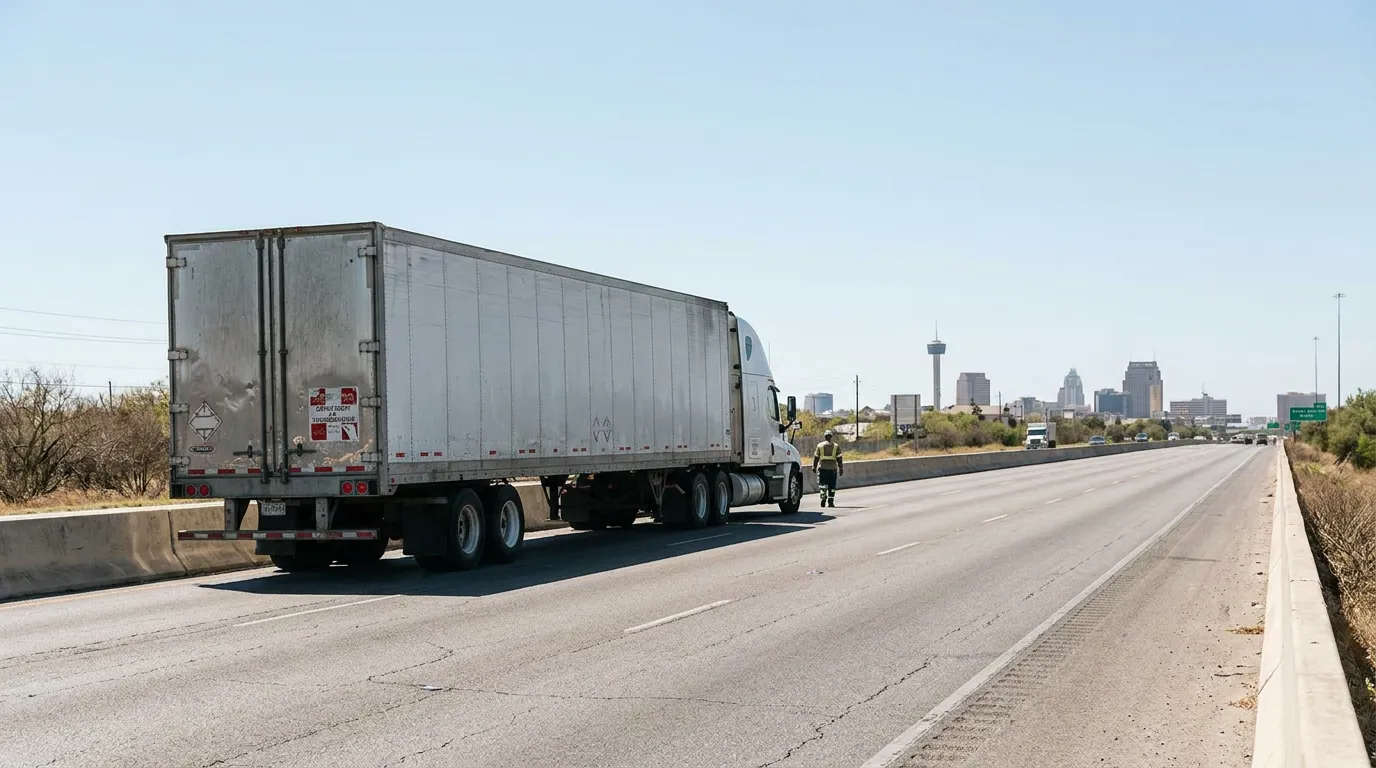 semi-truck pulled over on highway with worker standing beside trailer near city skyline