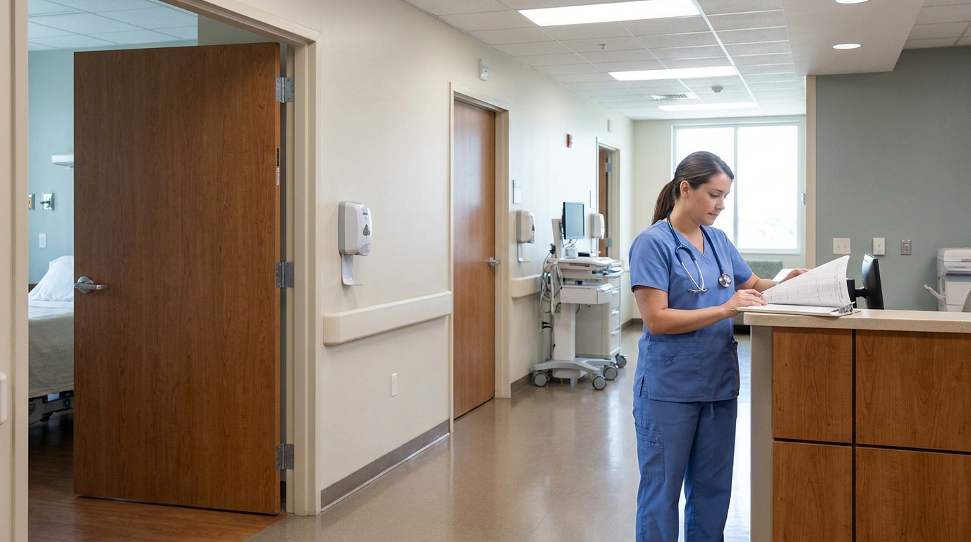 Nurse reviewing paperwork at hospital reception desk beside patient room hallway
