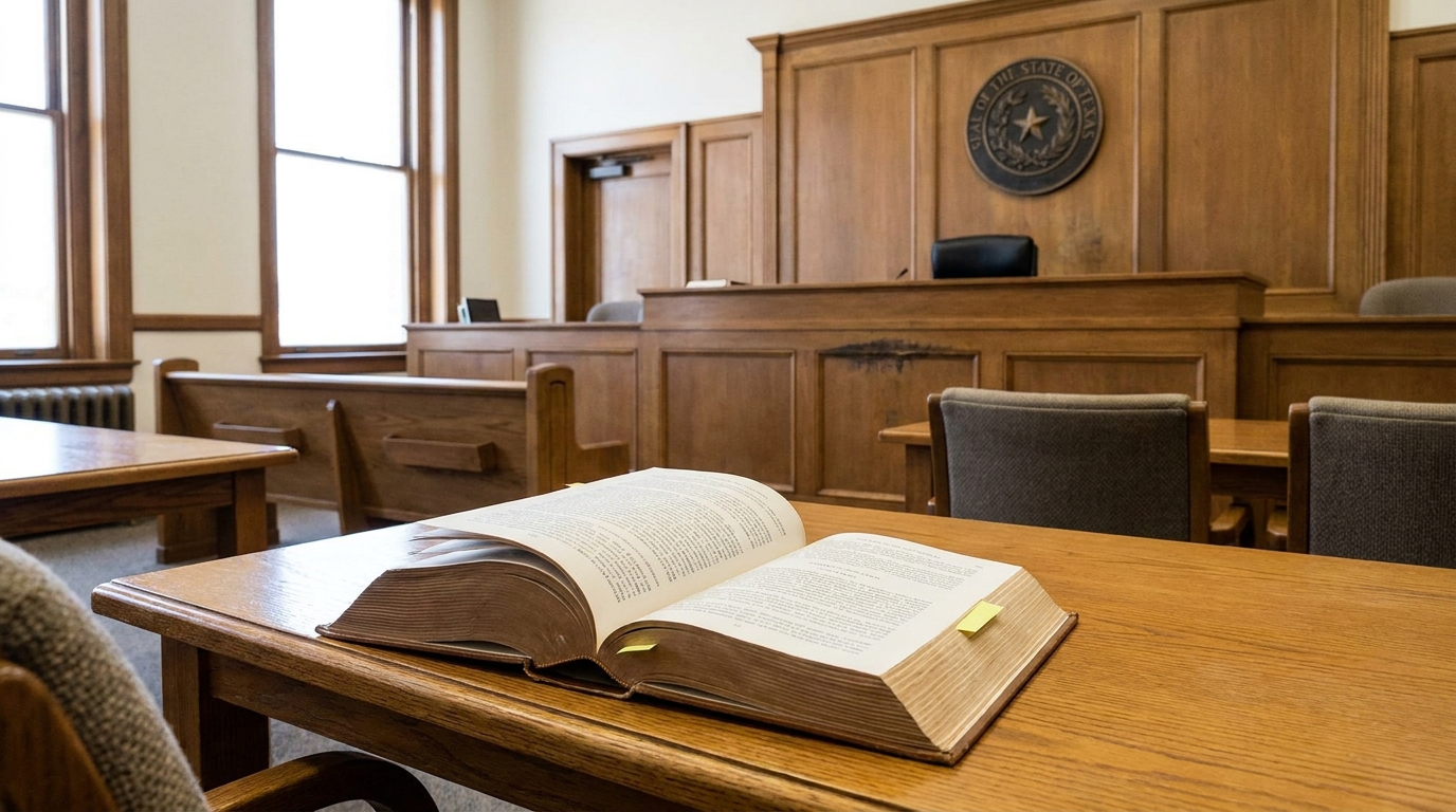 open legal book with bookmarks on courtroom table beneath Texas state seal