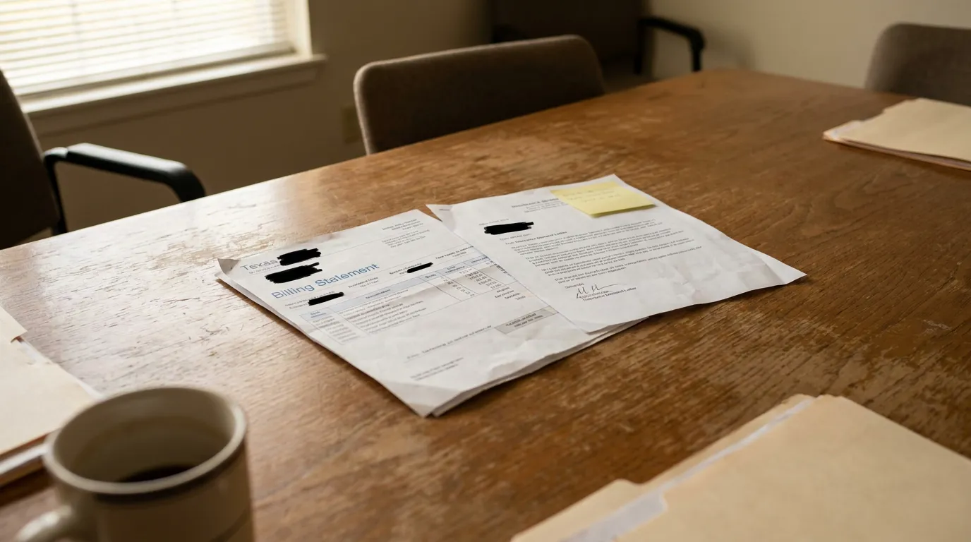 Texas billing statement and signed letter spread across wooden conference table