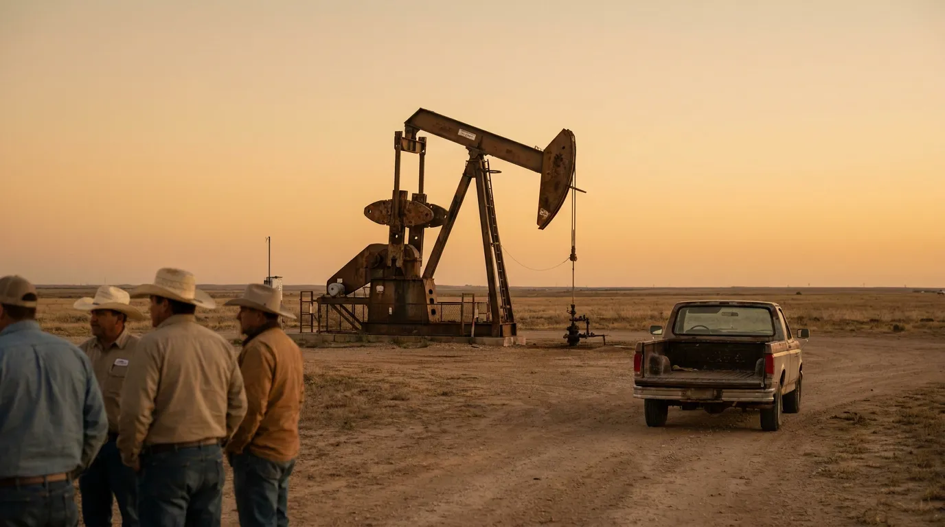 oil field workers in cowboy hats standing near pump jack and pickup truck