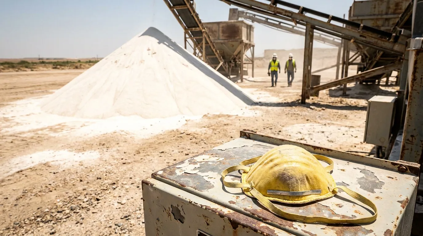 dust respirator mask on rusted surface at silica mining site with workers