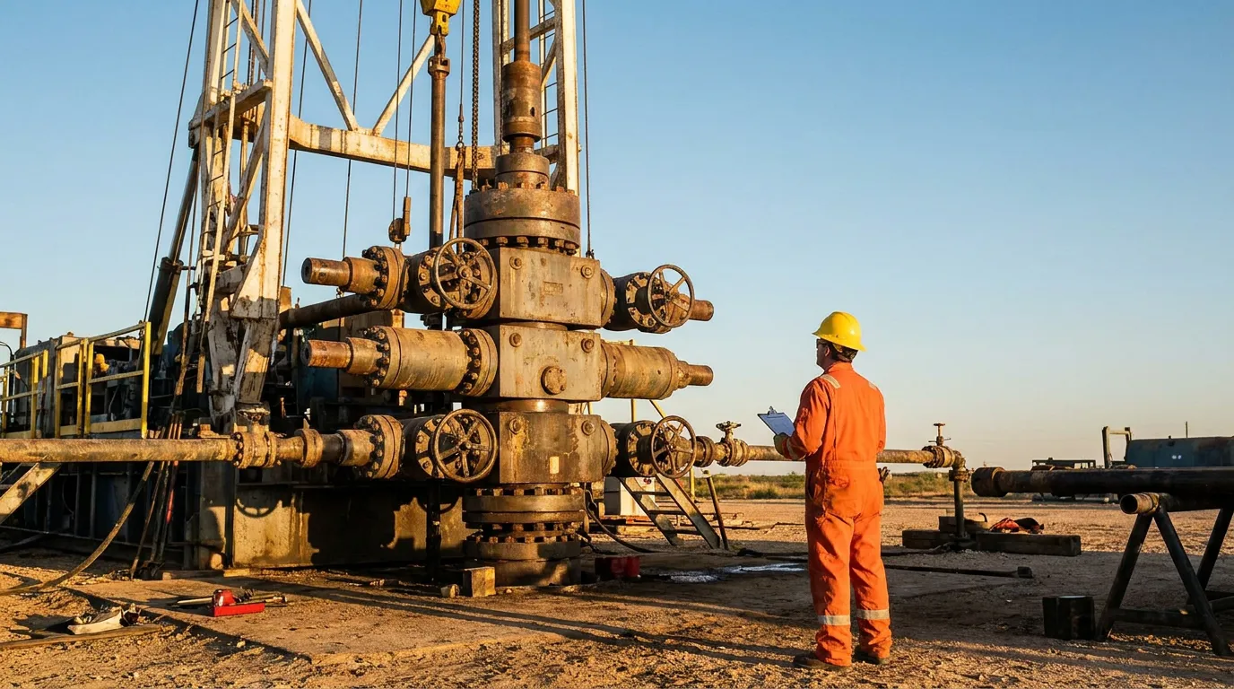 oil field worker in hard hat holding clipboard inspecting drilling rig equipment