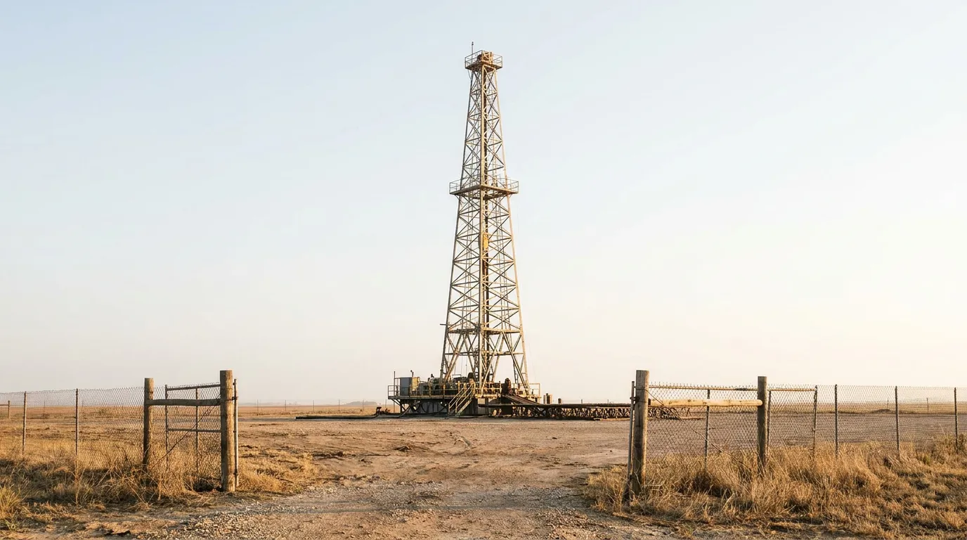 oil drilling rig standing on open arid field behind chain-link fence