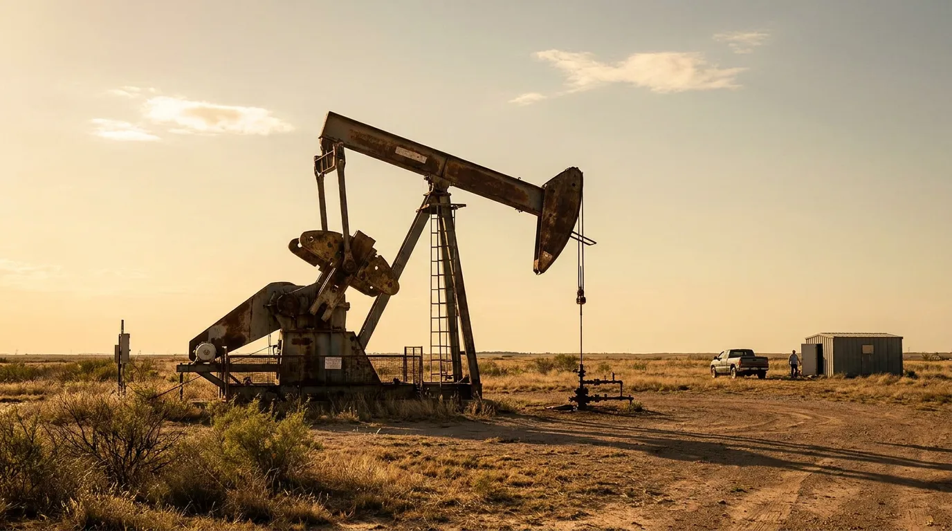 oil pump jack on open plains with worker, truck, and shed nearby