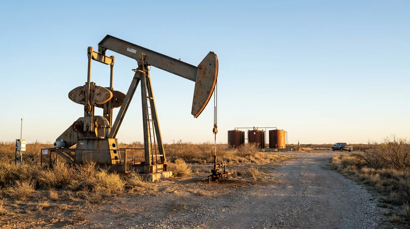 oil pump jack beside dirt road with storage tanks on arid plains