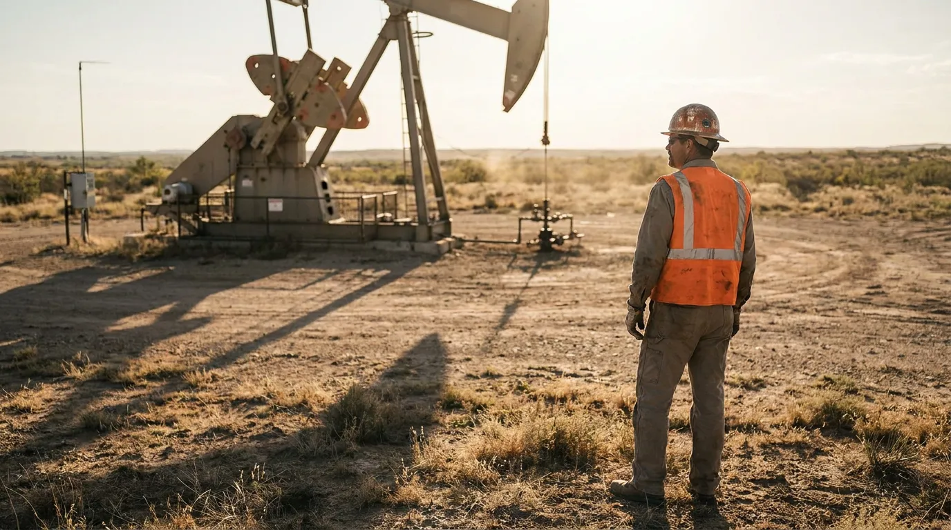 oil field worker in hard hat and safety vest standing near pump jack