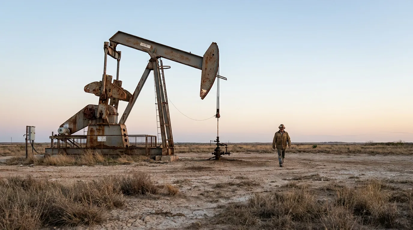 oil field worker walking near large pump jack on open plains