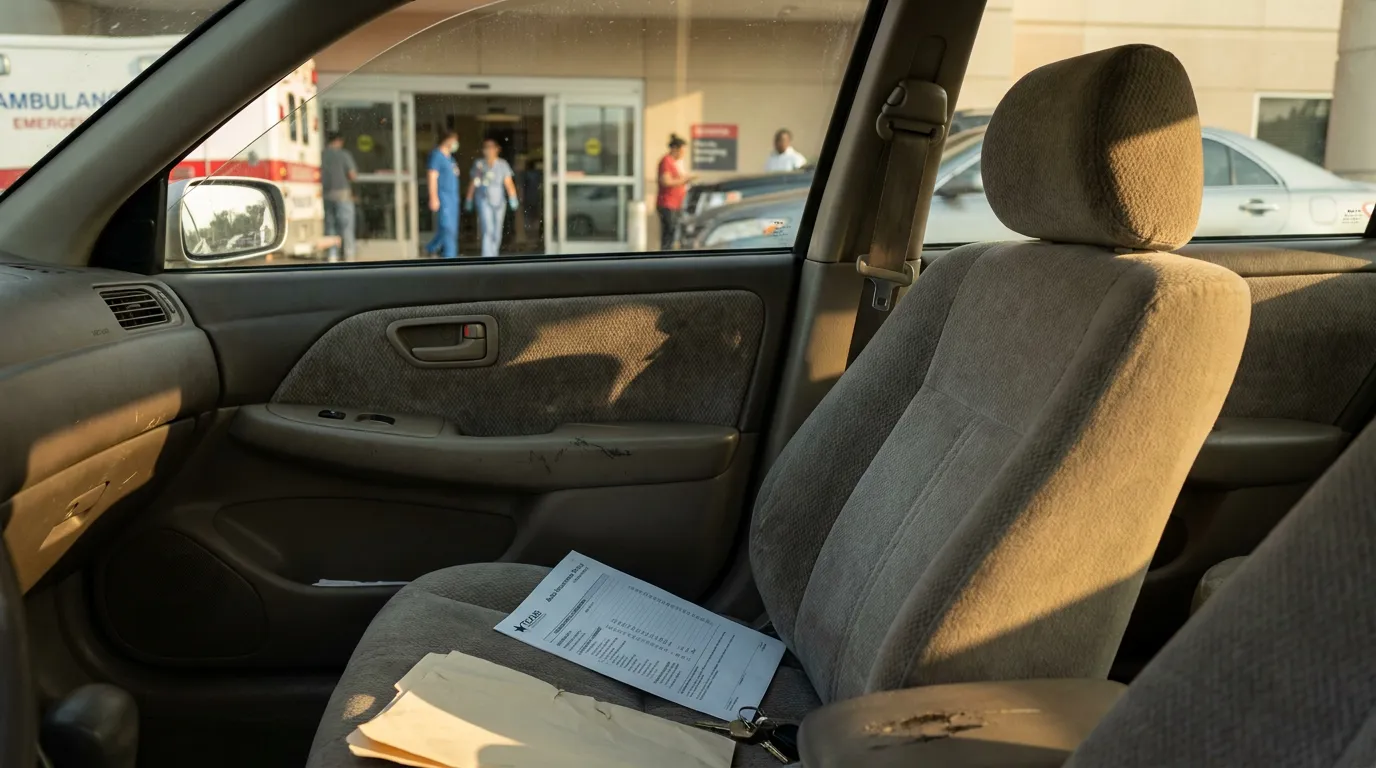 auto insurance policy form and car keys on vehicle seat outside hospital emergency entrance