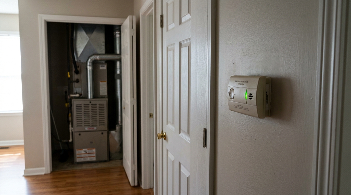 Wall-mounted Honeywell thermostat in hallway with open utility closet and furnace visible